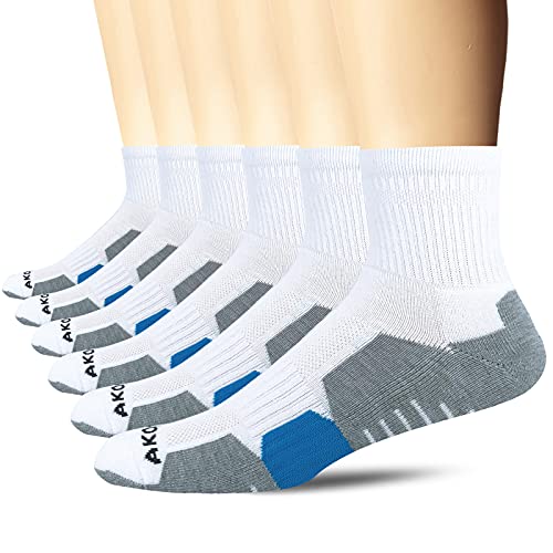 AKOENY Men’s Ankle Athletic Cushioned Quarter Socks, White, Size 9-12, 6 Pairs