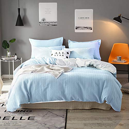 Merryfeel Waffle Duvet Cover Set Queen,100% Cotton Sand Washed Waffle Duvet Cover Set- Light Blue-Full/Queen