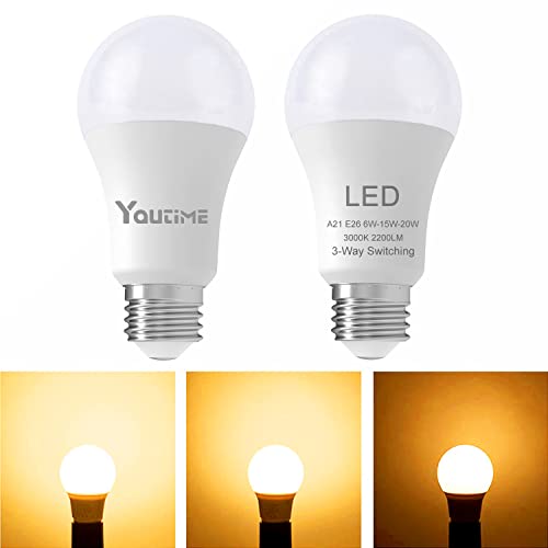 Youtime Soft White 3 Way led Light Bulbs 50 100 150 Watt Equivalent 3000k, Incandescent Replacement, A21 6/15/20w Energy Saving Safety Three Way Light Bulbs, 500 1600 2200 Lumens, E26 Base, 2Pack