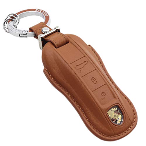 Rockxia Leather Key Fob Cover Holder for Porsche 2017 Panamera 4 4S 2018 2019 2020 2022 Cayenne Key Case Protective Shell Accessories (A, Brown)