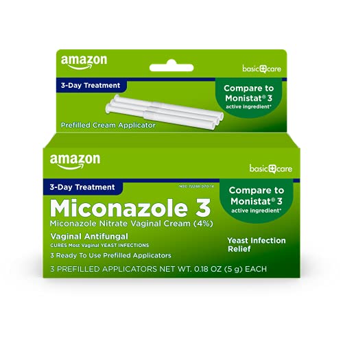Amazon Basic Care Miconazole 3, Miconazole Nitrate Vaginal Cream (4%), 3-Day Treatment for Vaginal Yeast Infection, 0.18 Oz (Pack of 3)