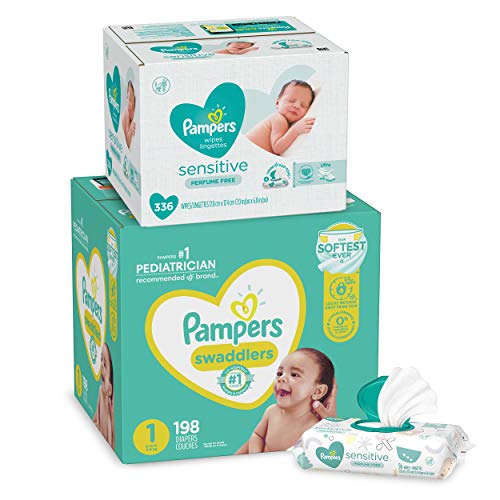 Diapers Size 1, 198 Count and Baby Wipes – Pampers Swaddlers Disposable Baby Diapers and Water Baby Wipes Sensitive Pop-Top Packs, 336 Count (Packaging May Vary)