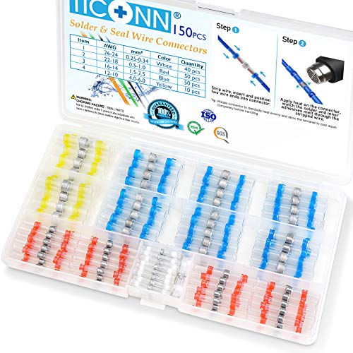TICONN 150 PCS Solder Seal Wire Connectors, Heat Shrink Butt Connectors, Waterproof and Insulated Electrical Wire Terminals, Butt Splice (150PCS)