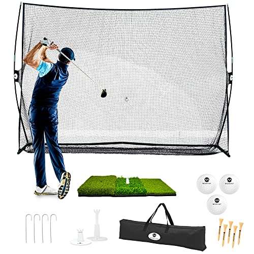Morvat Heavy-Duty 10’x7’ Portable Golf Net Set with Tri-Turf Mat, 3 Golf Balls, 7 Tees & Carry Bag for Men & Women, Backyard Training Aid for Hitting Chipping & Driving Practice, Indoor & Outdoor Use
