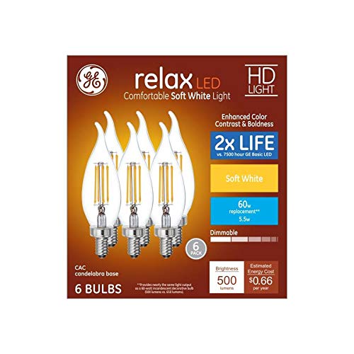 GE Relax 6-Pack 60 W Equivalent Dimmable Soft White Ca12 LED Light Fixture Light Bulbs Decorative Candelabra Antique