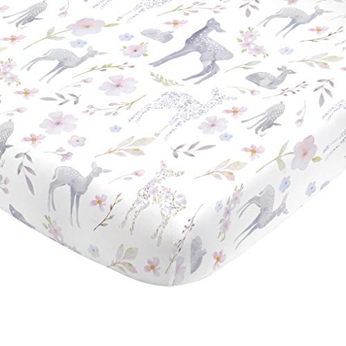 NoJo Super Soft Floral Deer Nursery Mini Crib Fitted Sheet, Grey, Light Blue, Pink, White 24×38 Inch (Pack of 1)
