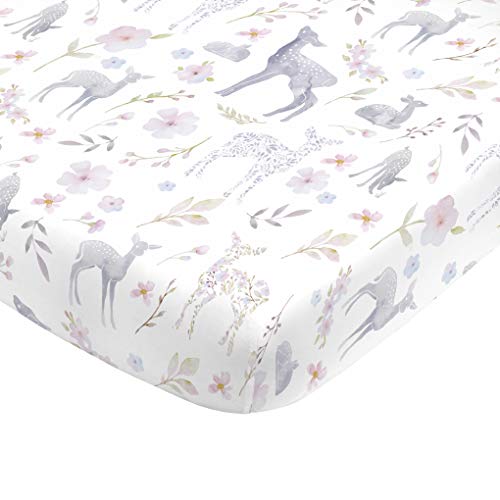 NoJo Super Soft Floral Deer Nursery Crib Fitted Sheet, Grey, Light Blue, Pink, White 1 Count (Pack of 1)