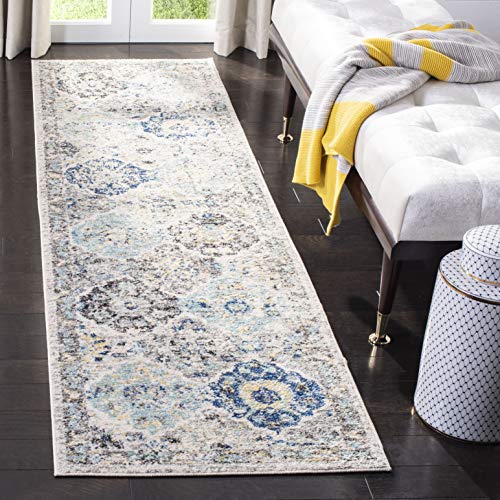 SAFAVIEH Madison Collection 2’3″ x 10′ Ivory / Aqua MAD611A Boho Chic Floral Medallion Trellis Distressed Non-Shedding Living Room Entryway Foyer Hallway Bedroom Runner Rug