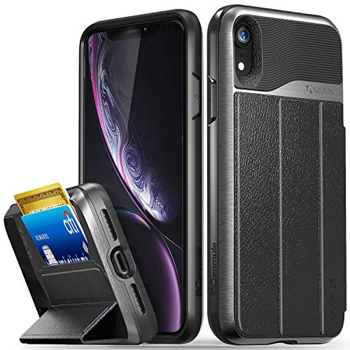 VENA iPhone XR Wallet Case, vCommute (Military Grade Drop Protection) Flip Leather Cover Card Slot Holder with Kickstand, Designed for Apple iPhone XR – Space Gray