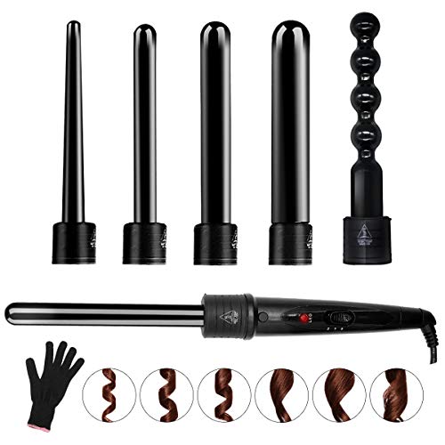 6 in 1 Curling Iron Wand Set with 6 Interchangeable Ceramic Barrels and Heat Protective Glove (Black-6in1) (Black-6)