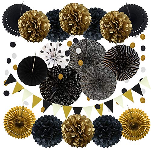 ZERODECO Party Decoration, 21 Pcs Black and Gold Hanging Paper Fans, Pom Poms Flowers, Garlands String Polka Dot and Triangle Bunting Flags for Birthday Parties Wedding Décor, Table & Wall Decorations
