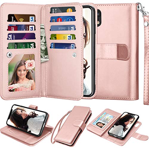 NJJEX Wallet Case for iPhone XR, for iPhone XR Case, PU Leather [9 Card Slots] ID Credit Holder Folio Flip Cover [Detachable][Kickstand] Magnetic Phone Case & Lanyard for iPhone XR 6.1″ [Rose Gold]