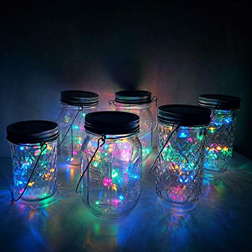 Cynzia Solar Mason Jar Lid Lights, 8 Pack 20 LED Waterproof Fairy Star Firefly String Lights with (8 Hangers Included,Jars Not Included), for Mason Jar Table Garden Wedding Party Decor (4 Colors)