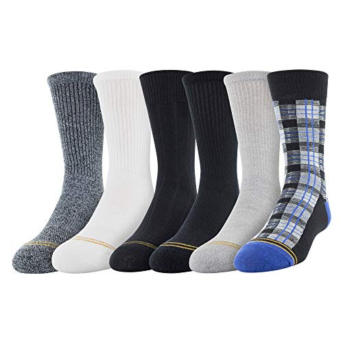 Gold Toe Boys Total Package Crew Socks, 6-Pairs, Black/Royal/Grey, Youth Large