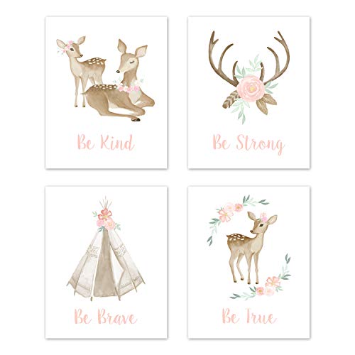 Sweet Jojo Designs Blush Pink and Mint Wall Art Prints Room Decor for Baby, Nursery, and Kids for Boho Woodland Deer Floral Collection – Set of 4 – Be Kind, Be Strong, Be Brave, Be True