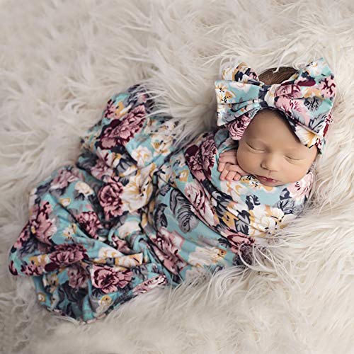 Newborn Receiving Blanket Headband Set Floral Printed Baby Swaddle Blanket Soft Sleeping Wrap Blankets 0-3M (2#)