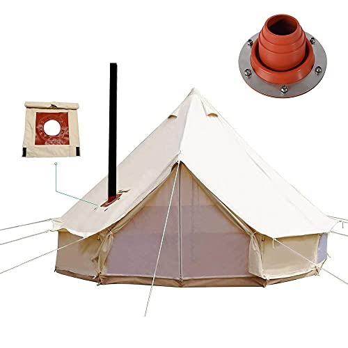 PlayDo 5M/16.4ft Waterproof Cotton Canvas Wall Tent Bell Yurts Tent with Stove Hole and Tent Flue Flashing Kit for 6-8 Person Camping Hiking Hunting Festival Party (Cotton Canvas Tent)