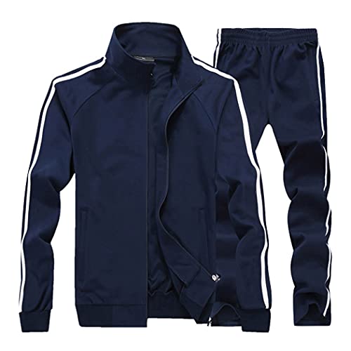 Sun Lorence Men’s Casual Sweat Suit Set Full Zip Tracksuit for Jogging Running Sports Navyblue L