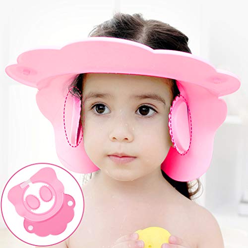 Maveek Baby Bathroom Safety Visor Caps Child Shower Cap，Adjustable Sticker, Comfortable, Soft, Safe, Waterproof & Elastic Ring Hat – for Showers, Bathing, Hair Cut, Pool, Beach, Toddlers (Pink)