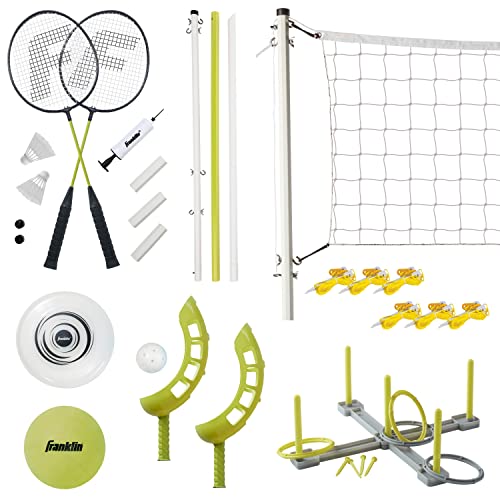 Franklin Sports Fun 5 Combo Outdoor Game Set – Backyard, Beach + Camping Games for Kids – Badminton, Volleyball, Flip Toss, Flying Disc + Ring Toss