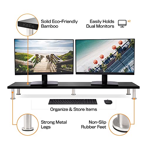 Dual Monitor Stand for 2 Monitors, Large Monitor Riser Made with Solid Bamboo, Perfect Desk Shelf Organizer for Desktop, 42 Inch Wood Platform for Computer Screens, Laptop or TV, Black | The Storepaperoomates Retail Market - Fast Affordable Shopping