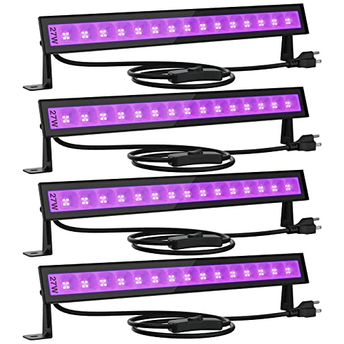 Onforu 4 Pack 27W LED Black Lights, Blacklight Bars with Plug and Switch, IP66 Waterproof Black Lights for Glow Party, Halloween Decorations, Bedroom, Classroom, Body Paint, Stage Lighting