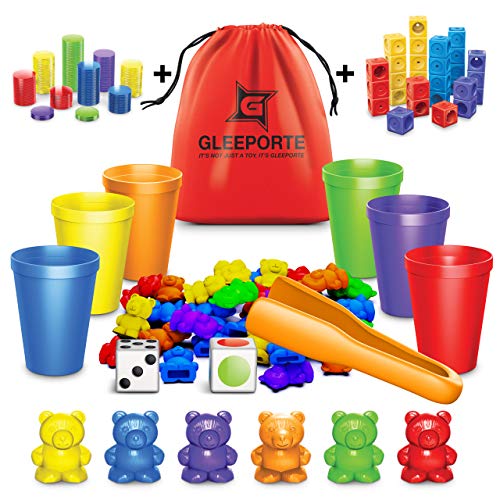 Gleeporte Colorful Counting Bears with Coordinated Sorting Cups | Montessori Sorting and Counting Toy | Educational for Toddlers and Children (67 Pcs Set) | 60 Bears | 6 Cups | Storage Bag