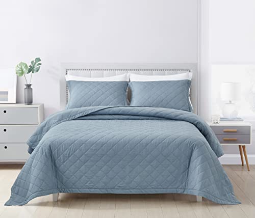 Chezmoi Collection Owen 3-Piece Soft Cooling Bamboo Fiber Quilt Bedspread Diamond Quilted Coverlet Set (King, Blue)
