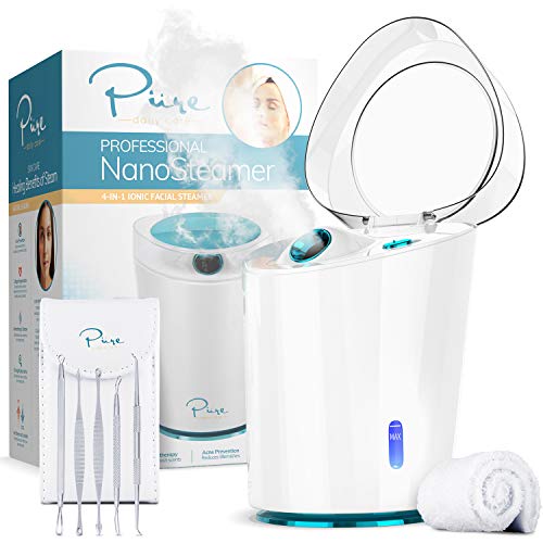 NanoSteamer PRO Professional 4-in-1 Nano Ionic Facial Steamer for Spas – 30 Min Steam Time – Humidifier – Unclogs Pores – Blackheads – Spa Quality – 5 Piece Stainless Steel Skin Kit Included
