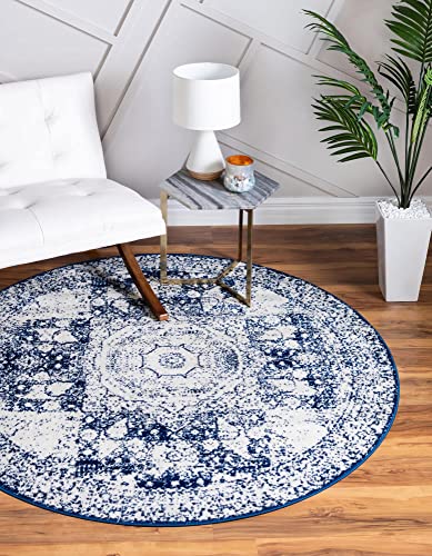 Unique Loom Bromley Collection Area Rug – Wells (8′ Round, Ivory and Blue/ Ivory)