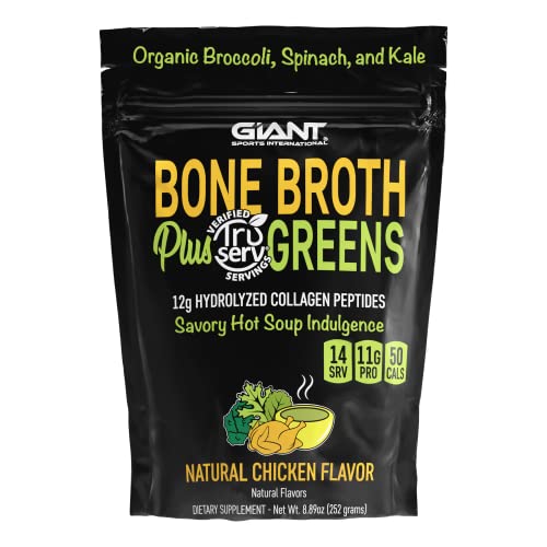Giant Sports Bone Broth Plus Greens | Organic Super Greens Powder + Delicious Collagen Peptides Mix | Paleo and Keto Friendly | Natural Chicken Flavor 14 Servings