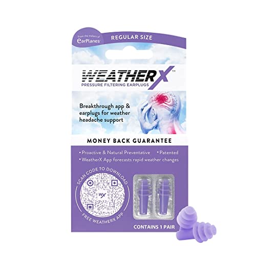 WeatherX Headache Prevention– Pressure Filtering Earplug for Shifts in Barometric Weather Pressure, Download Free Alert app (Regular 1 PK)