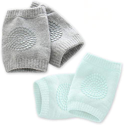 Baby Knee Pads for Crawling Boys Girl – Kalevel Baby Knee Protector Pad Anti Slip Crawling Knee Sleeve Cotton Knee Elbow Pads for Babies 0-3 Years (2 Pairs, Green + Light Grey)