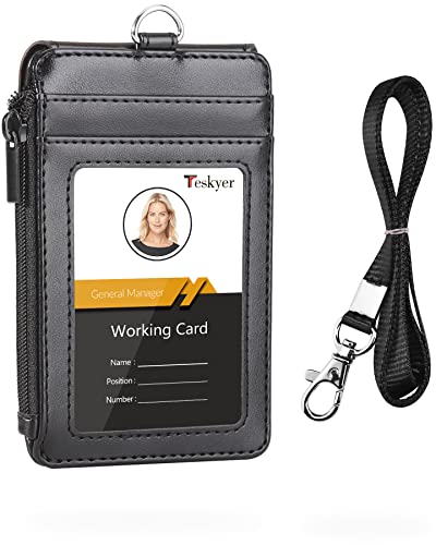 Teskyer Badge Holder with Side Zip Pocket, Multiple Card Slots Leather ID Holder Wallet with Neck Lanyard for Office Staffs, Teachers/Students, Couriers, Workers, Black
