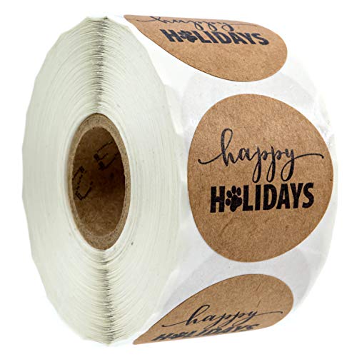1.5″ Happy Holidays Sticker with Paw Print / 500 Dog Paw Print Christmas Stickers Per Roll