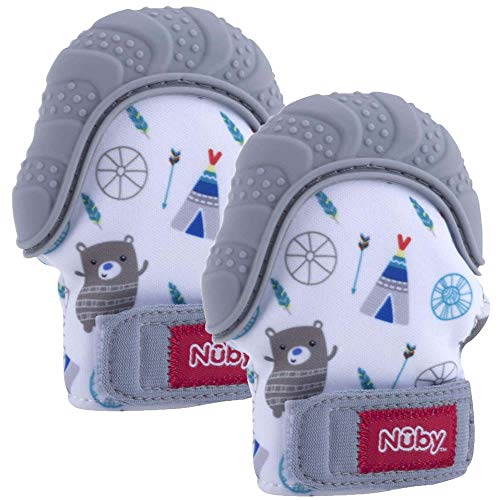 Nuby Soothing Teething Mitten with Hygienic Travel Bag, Grey, 2 Count