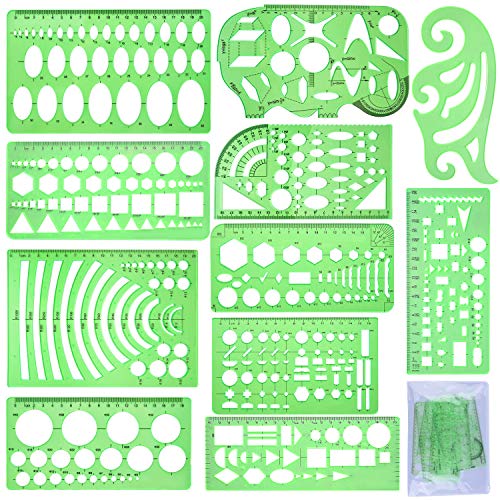 SIQUK 11 Pieces Geometric Drawings Templates Plastic Clear Green Plastic Rulers with 1 Pack Poly Zipper Envelopes for Studying, Designing and Building