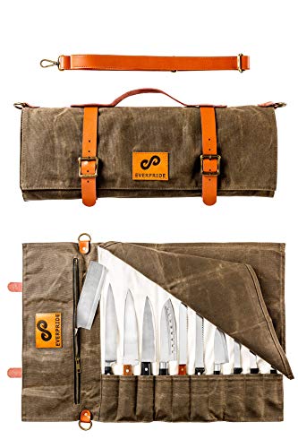 EVERPRIDE Canvas Knife Roll Bag Stores 10 Knives up to 19″ PLUS Zipper for Kitchen Tools – Durable Knife Carrying Case for Professional Chefs and Culinary Students – Knives Not Included