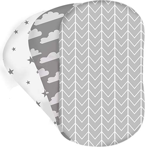 Bear’s Little Fish 3-Pack of Moses Basket Sheets |100% Hypoallergenic Jersey Cotton |Gender Neutral Grey and White for Baby boy or Girl |Fitted Crib Sheets for Oval, Hourglass and Rectangular Mattress