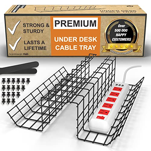 Under Desk Cable Management Tray, Cord Organizer for Desk, Cable Organizer, Wire Organizer, Cord Management, Cable Management Under Desk, Wire Holders for Desk – Black Cable Tray – Set of 2X 17