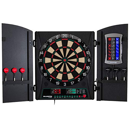 Bullshooter Electronic Dart Board Cabinet Set Home Bar Game Room Playroom Wooden Cabinet Doors LCD Display for Up to Eight Players – 34 Games 183 Variations – 2 Sets of Soft Tip Darts
