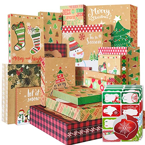12 Kraft Christmas Gift Boxes with Lids for wrapping Large Clothes and 80 Count Foil Christmas Tag Stickers (Assorted size for wrapping Robes ,Sweater, Coat Shirts and Clothes xmas Holiday Present)