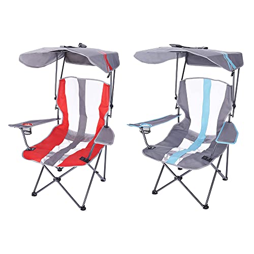 Kelsyus Premium Portable Camping Folding Outdoor Lawn Chair w/ 50+ UPF Canopy, Cup Holder, & Carry Strap, for Sports, Beach, Lake, Blue/Black (2 Pack)