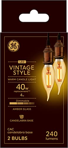 GE Lighting Vintage Style Decorative LED Light Bulb, 4 Watts (40 Watt Equivalent) Warm Candle Light, Amber Glass, Candelabra Base, Dimmable (2 Pack)
