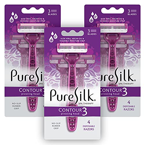 Pure Silk Contour 3 Premium Disposable Razor Value Pack Bundle (3 Packs/12 Total Razors)