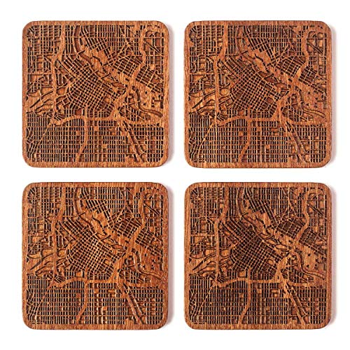 Minneapolis Map Coaster, Set of 4, Sapele Wooden Coaster with city map, Multiple city optional, Handmade