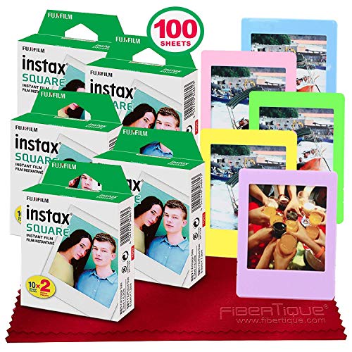 Fujifilm instax Square Instant Film (100 Exposures) for SQ1, SQ6, SP-3, SQ20 + 5 Color Picture Frames + FiberTique Cleaning Cloth
