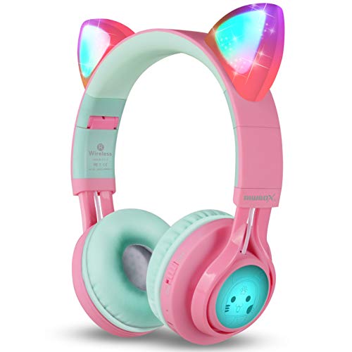 Riwbox CT-7 Cat Ear Bluetooth Headphones, LED Light Up Bluetooth Wireless Over Ear Headphones with Microphone and Volume Control for iPhone/iPad/Smartphones/Laptop/PC/TV (Pink&Green)