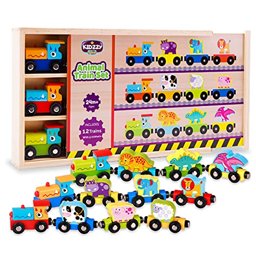 Wooden Trains Set (21 PCS) with 3 Dinosaurs 3 Farm 3 Zoo Animals with Box and Cover – Train Toys Magnetic Set Toy Train Sets for Kids Toddler Gift Toy for 2 Year Old Boys and Girls and up