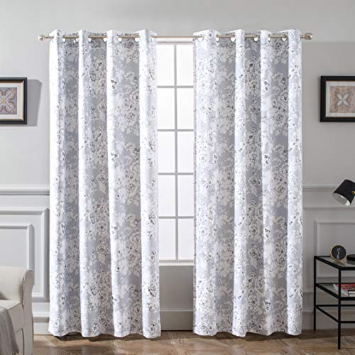 DriftAway Flower Floral Pencil Sketch Blackout Room Darkening Grommet Lined Thermal Insulated Energy Saving Window Curtains 2 Layer Set of 2 Panels Each 52 Inch by 84 Inch Gray and Soft White
